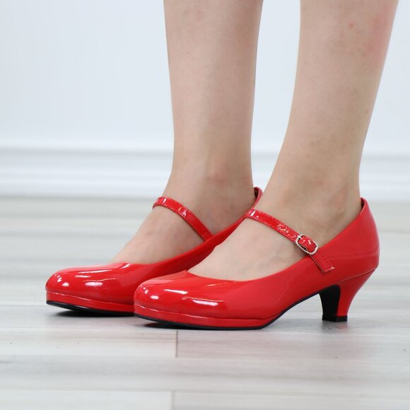 Red Patent Rockabilly Vintage Style Round Toe Kitten Low Heel Shoes - Picture 12 of 12